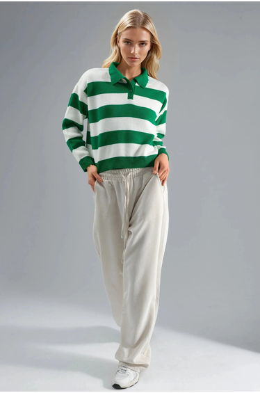 MY FASHION Striped Knit Polo Collar Sweater