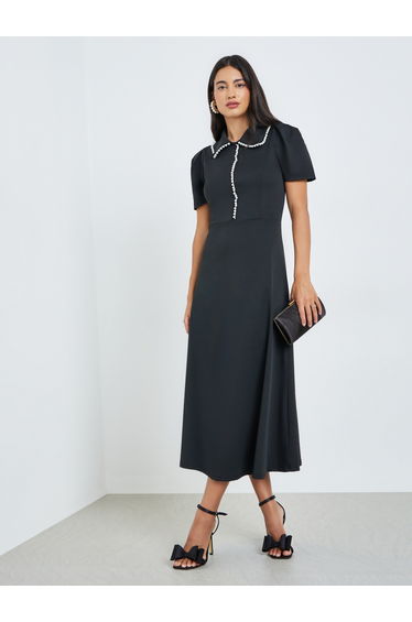 Black Pearl-Embellished Collared A-Line Midi Dress