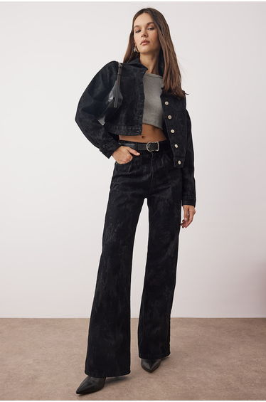 Black black suede look flocked print high waist wide leg jeans high waist jeans