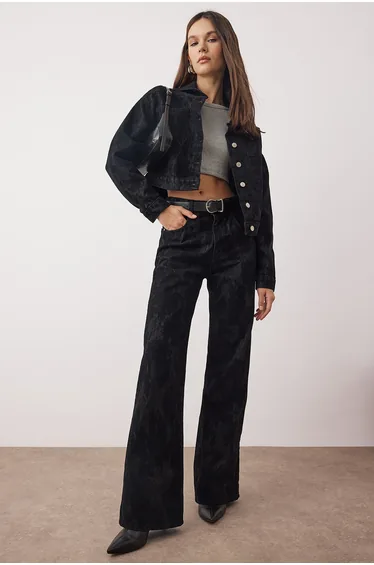 Black black suede look flocked print high waist wide leg jeans high waist jeans