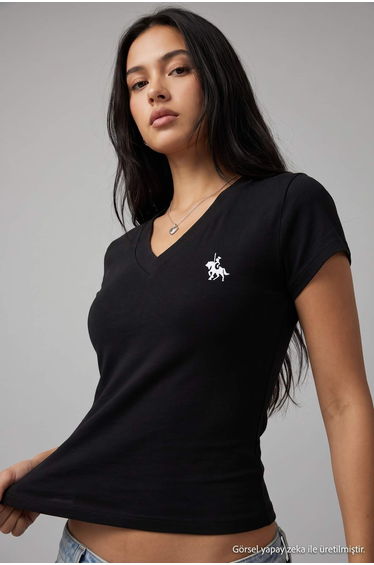 Black Embroidered Fitted V-Neck Short Crop Soft Knitted T-Shirt