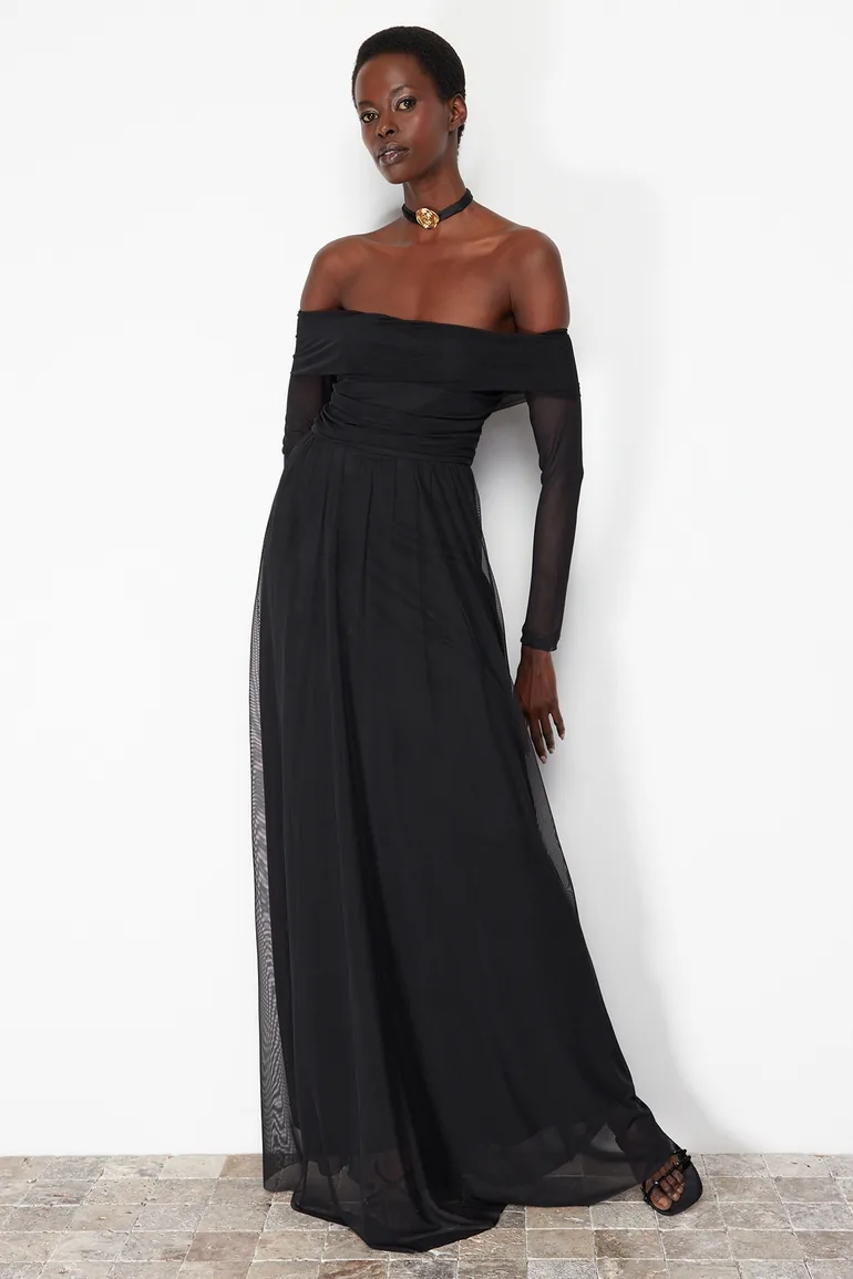 Shop Black Off-Shoulder Midaxi Evening Dress Online in Oman