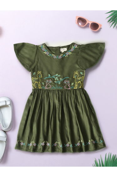 Embroidered Ruffled Sleeve Knee-Length Dress