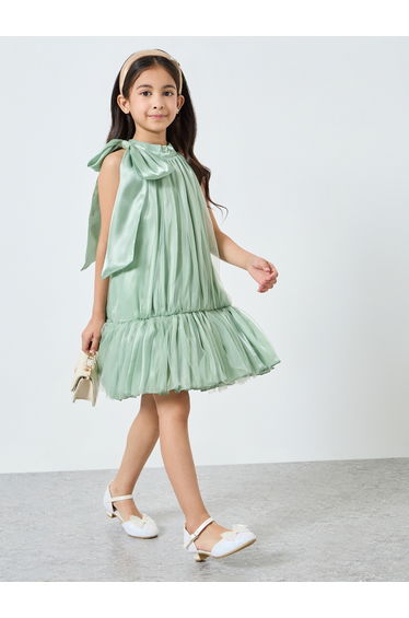 Girls Green Organza Bow Detail Ruffle Hem Dress