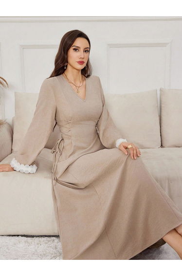 Women Beige Waist Tie Maxi Dress