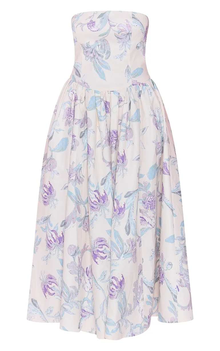 فستان ميداكسي مزموم بأكتاف مكشوفة بطبعة أزهار - أرجواني - 4
