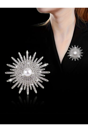 Silver Crystal Sunburst Brooch with Faux Pearl