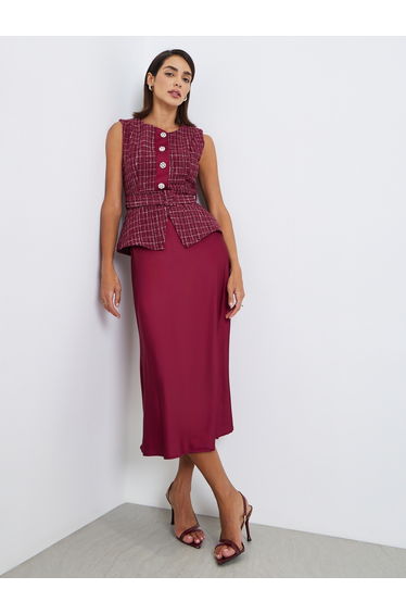 Women Belted Tweed Look Midi Dress