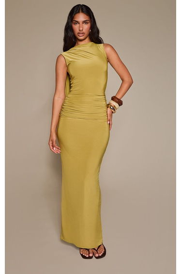 Olive Double Layer Slinky One Shoulder Maxi Dress