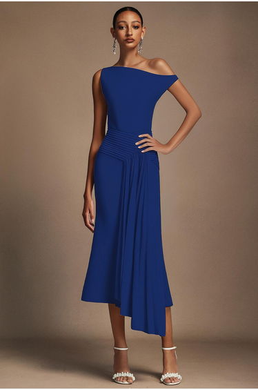 Paulina Oblique Shoulder Sleeveless Folds RoyalBlue Dress