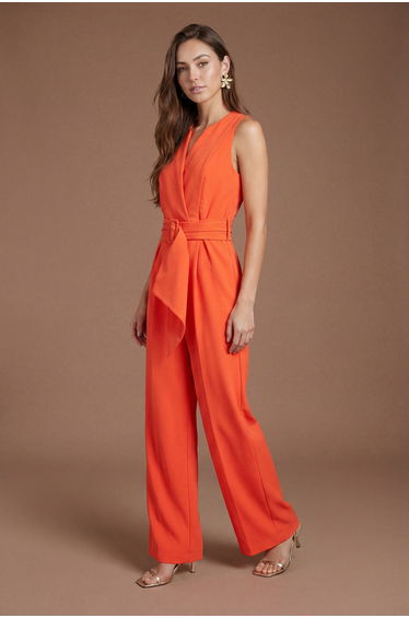 V Neck Crepe Belted Jumpsuit