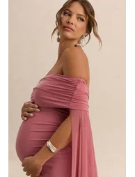Carlotta | Blush Pink Bardot Maternity Maxi Dress With Chiffon Cape - 3