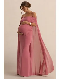 Carlotta | Blush Pink Bardot Maternity Maxi Dress With Chiffon Cape - 4