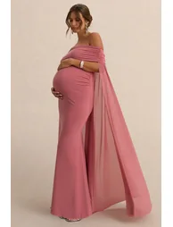 Carlotta | Blush Pink Bardot Maternity Maxi Dress With Chiffon Cape - 5