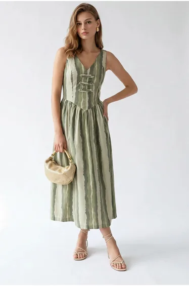 MIXRAY Striped A-line Midi Dress With Tie Detail