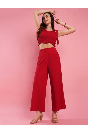 Smocked Detail Strappy Crop Top and Elasticated Waistband Trousers Co-Ords