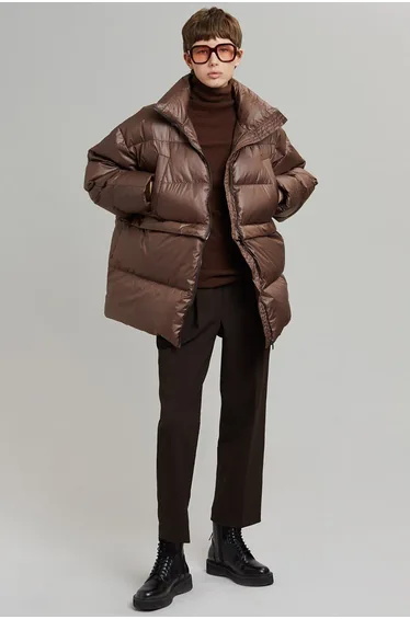 Brown Zipper Detail Shortable Puffer jacket