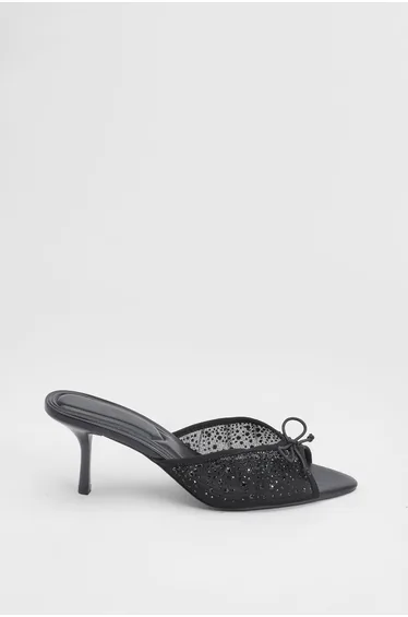 Black Faux Leather Embellished Mesh Medium Heeled Mules
