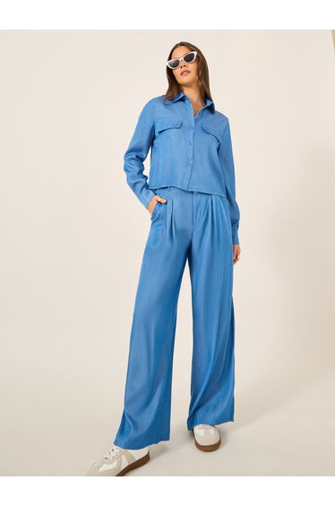 Chambray Long Sleeve Shirt and Pleated Paperbag Waist Pants Co-Ords