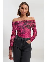 Animal Print Off The Shoulder Ruched Bodysuit - 1