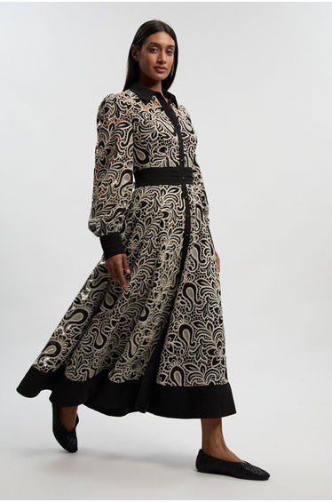 Mono Cutwork Woven Maxi Shirt Dress