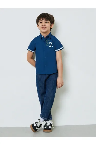 Boys Navy Blue Short Striped Sleeves Embroidered Shirt