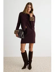 Brown Leopard Fur Sleeve Cardigan Skirt Knitwear Bottom - Top Set
