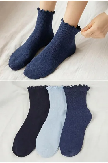 Blue-Multicolored 3-Pack Cotton Elastic Mouth Lettuce Detailed Knitted Socks