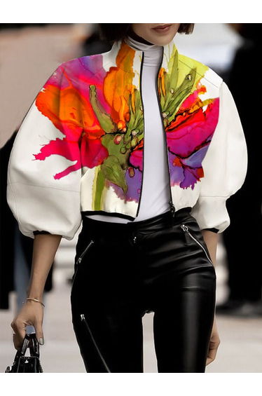 Loose Puff Sleeves Asymmetric Floral Printed Split-Joint High Neck Outerwear