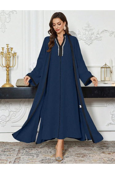 Contrast Trim Open Front Kimono and Inner Dress Modest Set