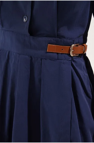 Navy Blue A-Line Poplin Midi Woven Dress