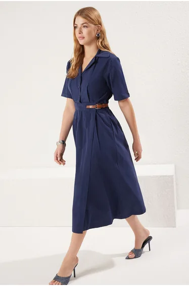 Navy Blue A-Line Poplin Midi Woven Dress