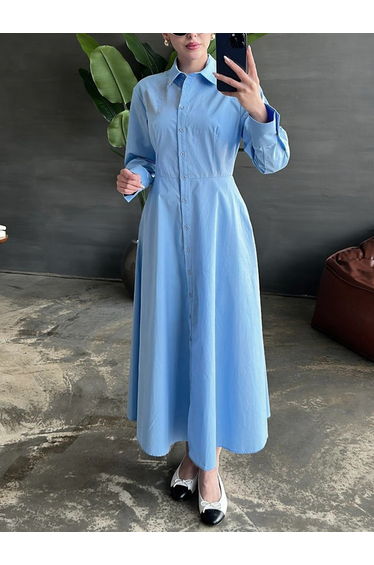 Solid Long Sleeve Button Shirt Midi Dress