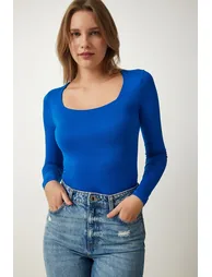 Women's Blue Square Collar Viscose Knitted Blouse - 3
