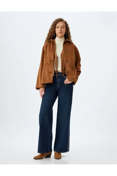 Wide Leg Buttoned Stone Pocket Detailed Jeans - Wide Leg Jeans