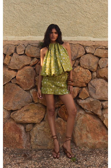 Green Textured Sequin Gathered Mini Skirt Co-ord
