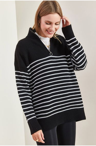 LUCCI Striped Zipper Collar Relaxed Fit Sweater