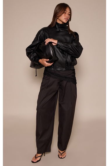 Black Woven Pleated Balloon Trousers