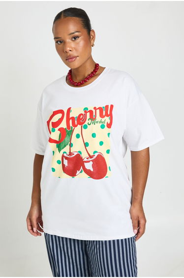 Plus Cherry Polka Dot Printed T Shirt - white