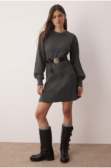 Anthracite A-line Mini Knitwear Soft Texture Dress