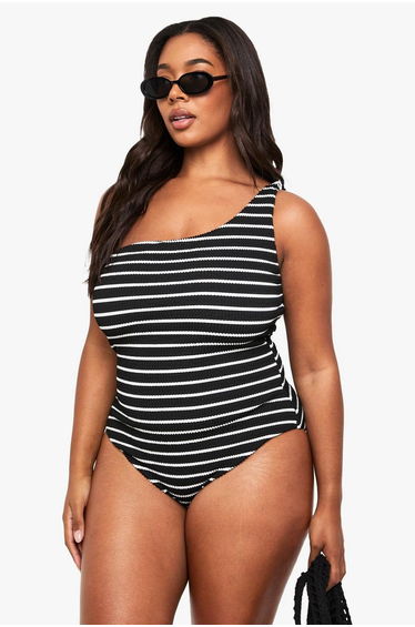 PLUS CRINKLE STRIPE ONE SHOULDER SWIMSUIT - black