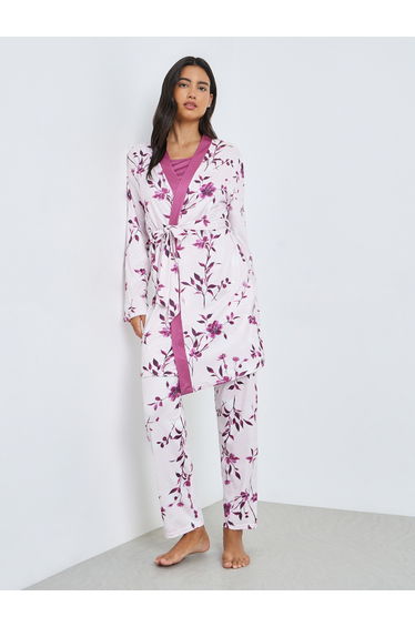 Pack of 3 - Solid Cami, Floral Robe and Pyjama Set