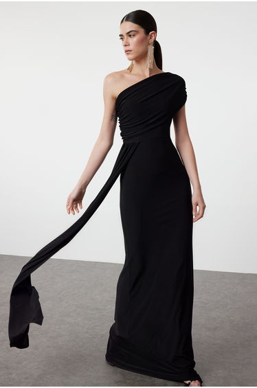 Black Fitted Asymmetrical Neckline Waist Detailed Woven Long Elegant Evening Dress