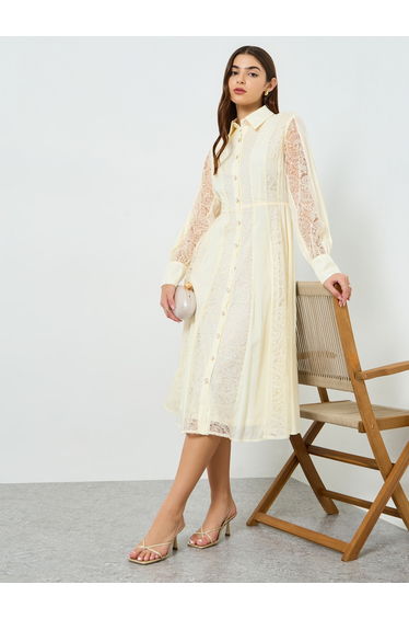 Women Cream Lace Shirt Midi Dress