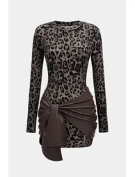 Leopard Print Faux Leather Patchwork Long Sleeve Mini Dress