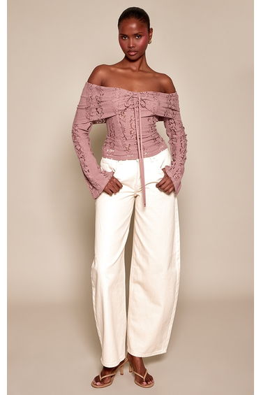 Mushroom Fitted Lace Flared Sleeve Bardot Top