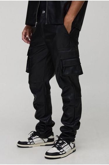 Tall Leather Look Skinny Multi Cargo Pocket Trousers - black