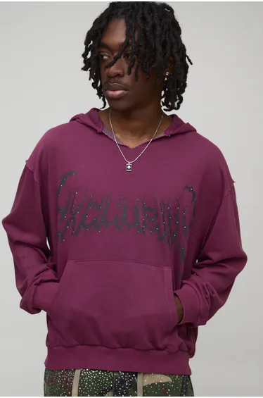 Oversized Boxy Exclusive Slogan Gothic V Neck Raw Hem Printed Washed Hoodie - burgundy