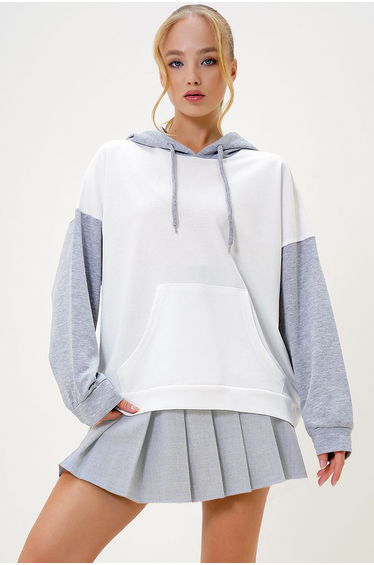 Women's Ecru Color Block Oversized Hooded