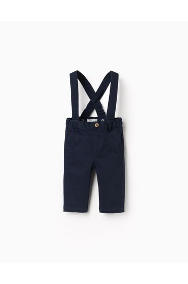 Twill trousers with braces for newborn boys, dark blue